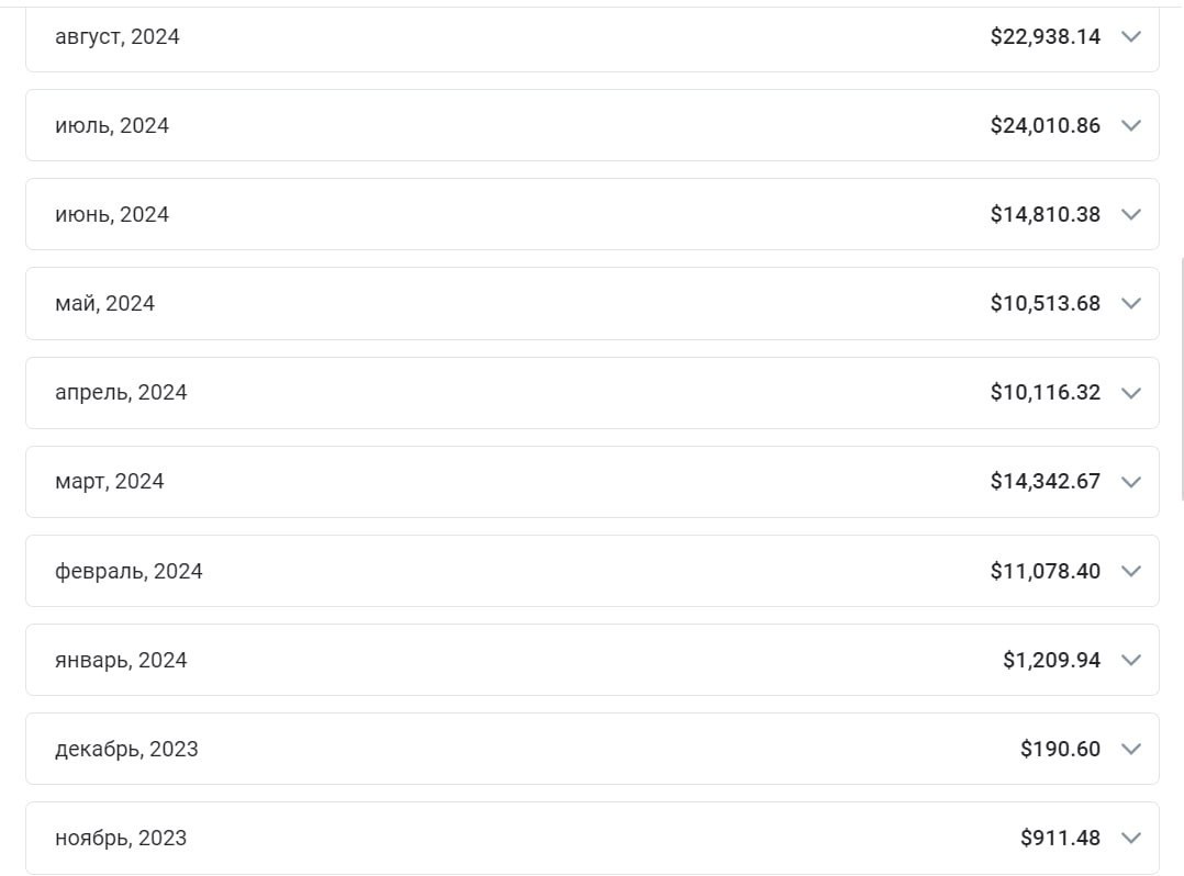 Month by month list showing earnings